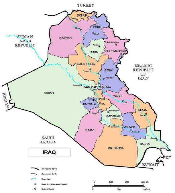 Iraq Map with 18 Provinces or Governorates
